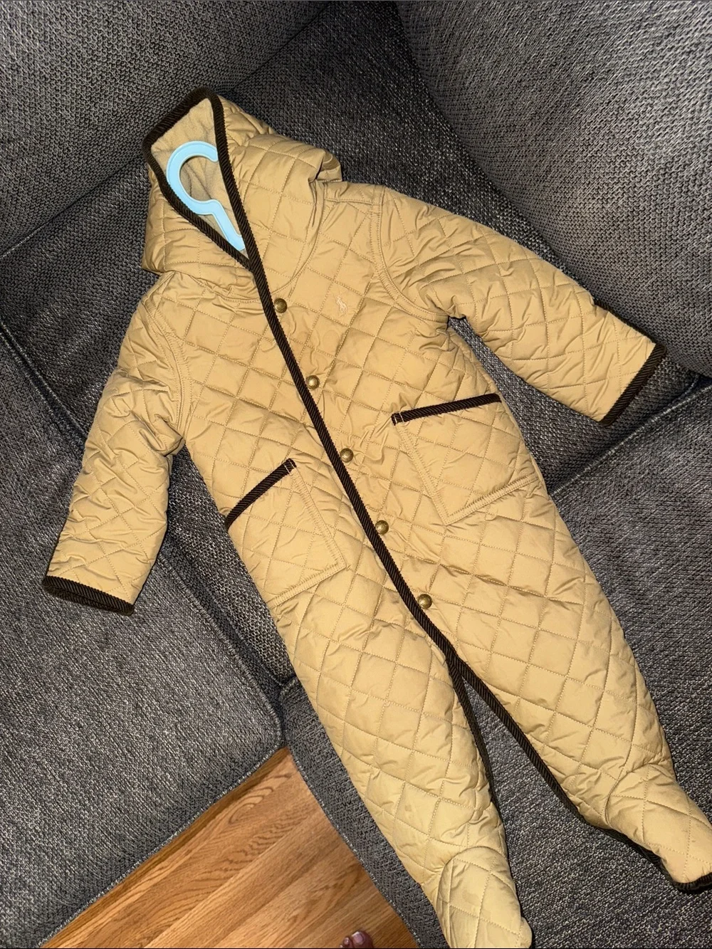 Ralph Lauren Quilted Hooded Jacket in Tan with Dark Trim